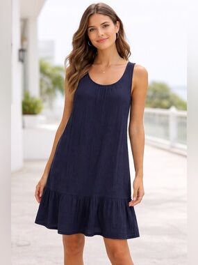 Uniqlo Navy Gauze Textured Cotton Dress With Back Tie